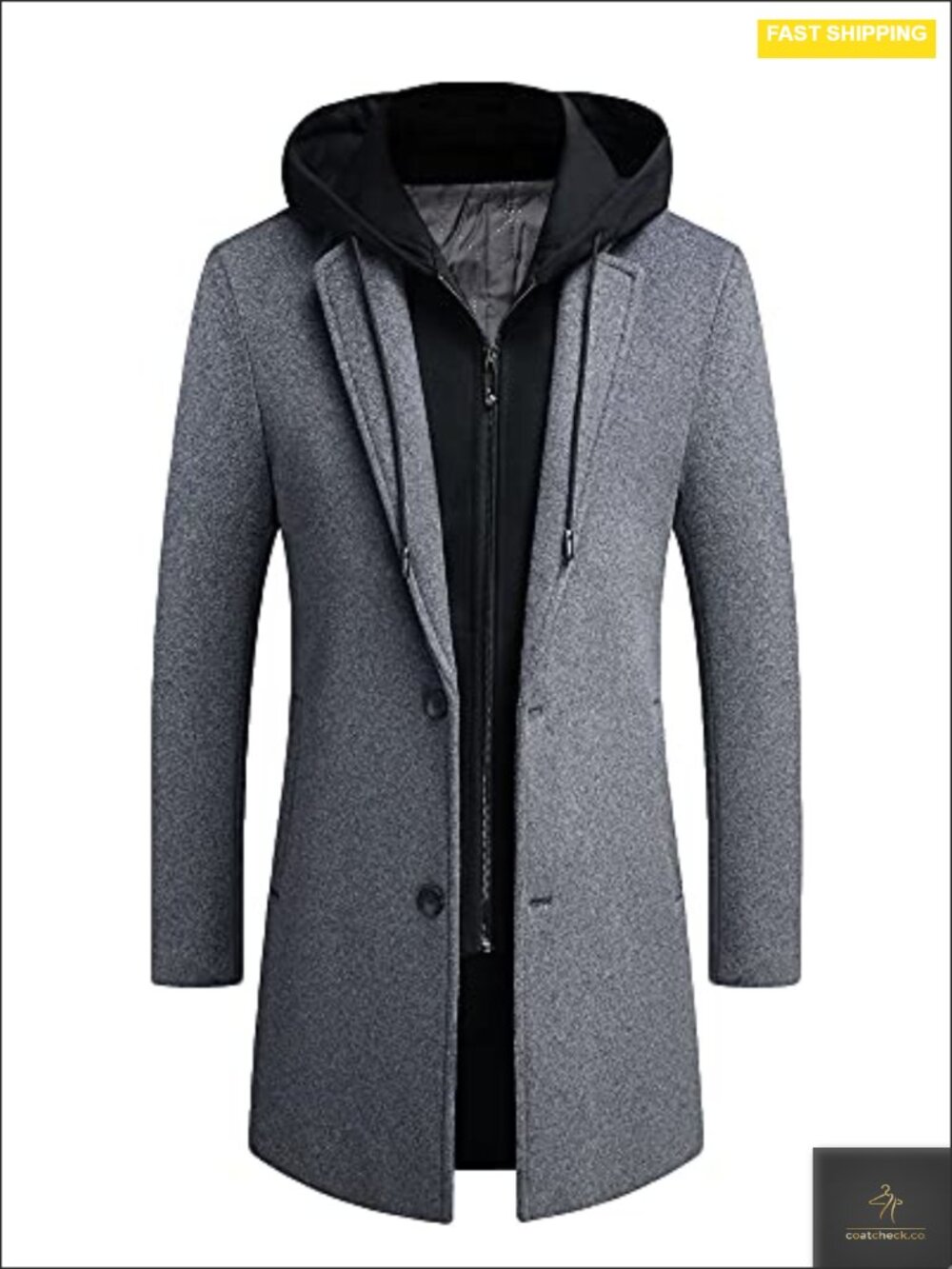 Mens Wool Trench Coat Hooded Pea Coat Long Winter Overcoat